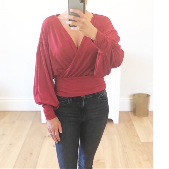 LAST 1! Red Surplice Long Sleeve Top Small - Picture 2 of 10